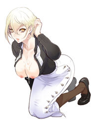 bangs black_shirt black_shoes blonde_hair breasts breasts_out brown_legwear buttons cleavage collared_shirt cum cum_on_body cum_on_breasts cum_on_upper_body cute_fang dripping eyelashes female full_body hair_between_eyes hair_tucking hand_up higekiri kneeling leaning_forward long_skirt long_sleeves looking_at_viewer nipples no_bra pantyhose parted_lips pencil_skirt rule_63 shirt shoes short_hair simple_background skirt solo topless touken_ranbu unbuttoned unbuttoned_shirt white_background white_skirt yellow_eyes zuwai_kani