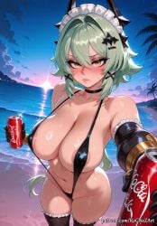 2026 ai_generated anime areola_slip bangs bare_shoulders beach bikini black_choker black_gloves black_one-piece_swimsuit black_thighhighs blush breasts caesar_king caesar_king_(zenless_zone_zero) can choker cleavage closed_mouth coca-cola collarbone crossover elbow_gloves eye_contact female female_focus female_only flushed frills gloves green_hair hair_accessory hair_between_eyes hair_intakes hair_ornament handwear highres holding holding_can hoyoverse huge_breasts large_breasts long_hair looking_at_viewer maid_headdress midriff mihoyo navel neutral_expression nsfw ocean one-piece_swimsuit orange_eyes outdoors patreon rognezart sky slingshot_swimsuit soda_can solo sweat sweaty swimsuit thick_thighs thighhighs thighs very_long_hair yellow_eyes zenless_zone_zero