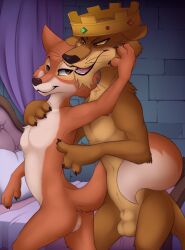 2022 4_fingers animal_genitalia anthro anthro_on_anthro balls bed bedroom biped black_claws black_nose breasts brick brick_wall brown_eyes canid canine claws clitoris crown crown_only detailed_background digital_media_(artwork) dipstick_tail disney duo eye_contact eyelashes featureless_breasts felid feline female female_anthro finger_claws fingers fox fur furniture gem genitals gold_(metal) gold_crown hand_on_chest headgear headgear_only hi_res interspecies lion looking_at_another looking_at_partner maid_marian male male/female male_anthro mammal markings meraence multicolored_body multicolored_fur multicolored_tail narrowed_eyes navel nude nude_anthro nude_female nude_male orange_body orange_ears orange_fur orange_tail pantherine penis pillow pink_clitoris pink_penis prince_john robin_hood_(disney) royalty sheath small_breasts smile smiling_at_another smiling_at_partner snout standing tail tail_around_another tail_around_partner tail_around_waist tail_markings tan_balls tan_body tan_fur two_tone_body two_tone_fur two_tone_tail vulva wall_(structure) whiskers white_body white_fur white_tail white_tail_tip yellow_sclera
