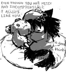 2026 alternative_fashion animate_inanimate anthro black_hair black_tail bracelet claws cotton dialogue domestic_cat duo emo english_text fangs fatdragontail felid feline felis female female/female genitals grey_text greyscale hair hair_over_eyes hand_on_another's_head hand_on_head hi_res humanoid_genitalia humanoid_vulva jewelry kemono living_plushie mammal monochrome open_mouth plushie plushophilia shaded spiked_bracelet spikes tail teeth text vulva