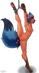 absurd_res anal anal_sex anthro ass blue_hair blush bodily_fluids bondage bondage_furniture bound brand_new_animal breasts brown_body brown_fur canid canine digital_media_(artwork) female fur genital_fluids genitals hair hi_res kykyro mammal michiru_kagemori nipples nude object_in_ass oral oral_penetration pawpads penetration raccoon_dog sex_toy sex_toy_in_ass sex_toy_in_mouth sex_toy_insertion simple_background solo studio_trigger submissive tail tanuki tape tape_bondage vulva