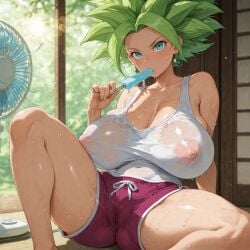 barefoot big_ass blue_eyes blue_popsicle blush breasts cleavage curvy dragon_ball dragon_ball_super drooling electric_fan erect_nipples fan genderbend glistening_body green_hair hot huge_breasts indoors kefla legs_up licking_popsicle looking_at_viewer muscular_female nipples popsicle purple_shorts rule_63 saliva see-through_clothes see-through_shirt shiny_skin short_shorts sitting spiky_hair sucking_popsicle summer sweat sweaty_body tank_top thick_thighs toned_body tongue_out underboob visible_nipples voluptuous wet wet_clothes wet_skin white_tank_top wide_hips