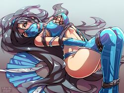 2d asian_female bondage dark_hair female h1kar1ko kitana laying_down masked_female mortal_kombat solo tied_up