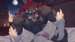 anthro anthro_on_anthro arcane_shop balls barazoku bed big_muscles bite_mark black_claws blue_eyes blush bodily_fluids braided_hair canid canine canis claws duo erection eyebrow_scar eyebrows facial_scar first_person_view fox from_front_position front_view furniture gahel_(arcane_shop) genitals hair hi_res huge_muscles humanoid_genitalia humanoid_penis interspecies licking licking_lips looking_at_viewer lying male male/male mammal missionary_position moon muscular nipples nude on_back penis resque_(arcane_shop) ronci scar scarred_body scars_all_over sex smile spread_legs spreading sweat sweatdrop sweaty_body tongue tongue_out wolf