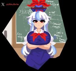 1girls annoyed ass big_breasts blue_clothing blue_hair board boobs_expansion breast_expansion breasts breasts_expansion classroom clothed english_text expanding female hat humor keine_kamishirasawa looking_at_viewer mikominfuu pixel_art red_eyes simple_background solo teacher text text_bubble touhou touhou_project white_hair