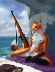 2016 abs anthro athletic balls barefoot canine chunie cliffs cloud detailed_background erection fox front_view fur furry_ears furry_tail gun hi_res holding_object holding_weapon humanoid_penis looking_at_viewer male male_only mammal nipples nude orange_fur outdoors painterly pecs penis plantigrade pointy_ears ranged_weapon red_fox rifle sea sitting sky smile solo tail uncensored water weapon whiskers white_fur