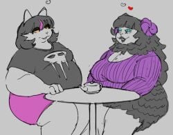 2025 alternative_fashion animal_crossing anthro bangs bbw belly big_belly big_breasts black_hair black_lipstick blue_eyeshadow bluesky_link bottomwear bovid breasts caprine catti_(deltarune) catti_cattenheimer chubby chubby_female clothed clothing crossover curled_horns date dated deltarune digital_media_(artwork) domestic_cat dorkass duo eye_contact eyelashes eyeshadow felid feline felis female female/female female_only fully_clothed furniture furry furry_female furry_only goth goth_girl grey_background hair heart_symbol horns lidded_eyes lipstick looking_at_another makeup mammal mascara medium_breasts muffy_(animal_crossing) nintendo not_porn obese obese_anthro obese_female overweight overweight_anthro overweight_female questionable safe sfw sheep shirt shorts simple_background sitting sketch skirt skull_print skull_shirt smile sweater t-shirt table teapot thick_thighs topwear undertale undertale_(series) yellow_sclera