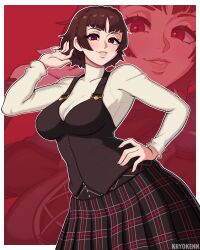 1girls 2026 2d 2d_(artwork) artist_name breasts brown_hair clothed clothed_female crown_braid female female_only hand_on_hip kryokenn large_breasts light-skinned_female light_skin looking_at_viewer magenta_background makoto_niijima persona persona_5 plaid_skirt playing_with_hair realistic_breast_size red_background red_eyes school_uniform sfw short_hair skirt smile smiling_at_viewer solo solo_female twirling_hair white_border zoom_layer