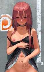 1girls black_dress blush bottomless breasts choker dress dress_lift female female_only guilty_crown human lasterk long_hair looking_at_viewer low_twintails medium_breasts navel nipples no_bra no_panties off_shoulder red_eyes red_hair solo standing strap_slip tears tied_hair twintails yuzuriha_inori