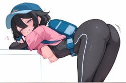 1girls ai ai-created ai_generated arms_on_table ass backpack bag baseball_cap belt bent_over black_bodysuit black_hair blue_gloves blue_hat bodysuit bodysuit_under_clothes breasts_out crossed_arms female_protagonist_(pokemon_ww) fingerless_gloves from_side game_freak green_eyes hair_between_eyes half-closed_eyes hanging_breasts hat layered_sleeves leaning_on_table long_sleeves medium_breasts nintendo nipples pink_shirt pokemon pokemon_winds_and_waves pokemon_ww seductive_look seductive_smile shirt_lift shirt_up shittyaistuff short_hair short_over_long_sleeves short_sleeves sidelocks simple_background smile teasing_viewer white_background