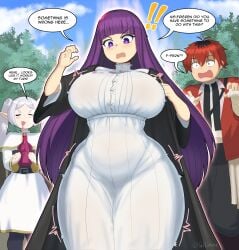1boy 2girls bangs big_breasts blush breast_expansion breasts dress fern_(sousou_no_frieren) frieren huge_breasts large_breasts long_hair purple_eyes purple_hair sousou_no_frieren stark_(sousou_no_frieren) tagme tallinax thick_thighs thighs