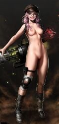 ai_generated boots boots_only cannon cyphers emily_day flat_cap glasses green_eyes knee_pads low_twintails medium_breasts naked_with_shoes_on nipples nude nude_filter official_art open_smile pink_hair pussy smiling solo straight_bangs teeth_visible