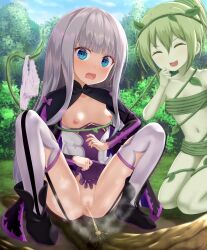 anime bar_censor blue_eyes dryad female female_only forced_urination kenja_no_deshi_wo_nanoru_kenja mira_(kenja) nipples outdoor_pee peeing shy shy_expression small_breasts tagme urinating urinating_female urination urine vagina vaginal_fluids white_hair