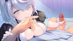 1boy 1boy1girl 1girl animated blush bouncing_breasts breasts clothed cum cumshot dress game_cg gif gray_hair handjob large_breasts nurse nurse_cap nurse_uniform penis shirt short_hair silver_hair skirt sugar_conflict_x uncensored