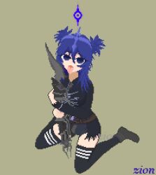 artist_request artist_signature blue_hair breasts clothing deepwoken female female_only khan_(deepwoken) looking_at_viewer on_knees open_mouth pixel_art roblox roblox_game robloxian shoes source_request tagme thighhighs thighs tongue_out weapon