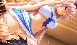 1boy black_hair blonde_hair blush breasts censored choco_chip cowgirl_position dutch_angle ero_zemi female frilled_skirt frills game_cg hair_ribbon imminent_cunnilingus large_breasts long_hair midriff mosaic_censoring nagaoka_satomi_(ero_zemi) navel one_eye_closed one_side_up open_mouth panties panty_pull pink_panties polka_dot_ribbon pussy red_eyes ribbon sailor_collar school_uniform serafuku short_hair skirt sleeveless underwear