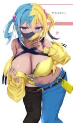 1girls absurdres ana_(vvvvor) aqua_hair bandeau bent_over big_breasts black_mask blonde_hair blue_eyes blue_nails blush breasts canari_(pokemon) canary_(pokemon) criss-cross_straps dark-skinned_female dark_skin female female_only highres jacket large_breasts long_sleeves looking_at_viewer mask mouth_mask multicolored_hair nail_polish navel nintendo pants pokemon pokemon_legends:_z-a request_inset simple_background solo split-color_hair sports_bra twintails two-tone_hair two-tone_mask two-tone_pants white_background yellow_bandeau yellow_jacket yellow_mask yellow_nails yellow_sports_bra