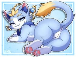 2026 2d 2d_(artwork) 4:3 absurd_res alternate_version_available blue_body blue_eyes blue_fur digital_media_(artwork) eyebrows eyelashes felid feline felis female fur furry hextali hi_res league_of_legends long_tail looking_at_viewer looking_back looking_back_at_viewer mammal neck_tuft riot_games simple_background tagme tail tencent tuft watermark yuumi_(lol)