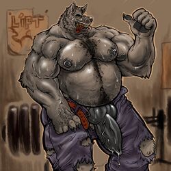 1boy animal_genitalia anthro belly belt biceps big_biceps big_penis black_nose body_hair brown_eyes canine chest_hair cigar claws clothed clothing cum cum_on_penis detailed_background dramamine erection facial_hair front_view fur grey_fur grey_hair hair hand_on_thigh happy_trail hi_res huge_cock looking_at_viewer male male_only mammal manly mature_male muscular muscular_male nipples nude open_mouth pants paper partially_retracted_foreskin paws pecs penis pose poster precum smile solo standing sweat teeth thick_penis thumbs_up tongue tongue_out topless uncut unzip vein veiny_penis wolf