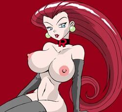 1girls blue_eyes breasts burgundy_hair choker earrings elbow_gloves eyelashes female female_only gloves human human_only jessie_(pokemon) jewelry large_breasts lipstick long_hair looking_at_viewer lowres nintendo nipples nude pale_skin pokemon pokemon_rgby purple_hair red_hair red_lipstick reynard solo team_rocket thighhighs