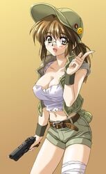 1girls belt blush breasts brown_eyes brown_hair cap cleavage colt_m1911 erect_nipples female fio_germi glasses gun handgun hat m1911 metal_slug midriff open_mouth peaked_cap pistol pointy_chin semiautomatic shorts snk solo vest weapon wristband