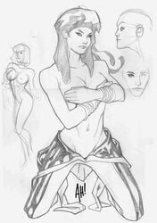 1girls adam_hughes bare_shoulders female female_only hand_bra marvel marvel_comics monochrome navel nipples rogue_(x-men) solo straight_hair tagme topless two-tone_hair x-men