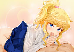 1boy bangs blonde_hair blue_eyes blue_skirt blush breasts censored collared_shirt erection fellatio female handjob idolmaster idolmaster_cinderella_girls kasumi_seiki large_breasts long_hair long_sleeves looking_at_viewer no_panties ootsuki_yui oral penis ponytail shirt sidelocks skirt skirt_lift straight swept_bangs wavy_hair white_shirt