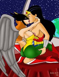 2006 2girls artist_name bad_guy big_breasts boots breasts breasts_out dc_comics dcau female female_only hawkgirl justice_league justice_league_unlimited kissing multiple_girls nipples wings wonder_woman wonder_woman_(series) yuri