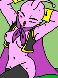 1girls blush breasts cape closed_eyes clothes color dragon_ball dragon_ball_z female female_majin_buu female_only front_view genderswap humanoid majin majin_buu nipples open_clothes open_mouth pink_nipples pink_skin rule_63 smooth_skin solo