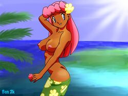 2000 ass ben_(artist) breasts color day female female_only nipples nurse_joy outdoors pokemon side_view solo tagme tan_skin