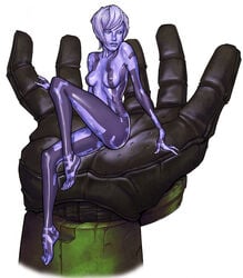 1boy1girl 2d 5_fingers 5_toes armor artificial_intelligence bob_cut cortana cortana_v1 female halo_(game) halo_(series) master_chief microsoft nipple_bulge purple_body seductive_look size_difference smaller_female tagme