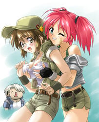 bandage bandages bandaid breast_grab breasts female fio_germi glasses metal_slug multiple_girls nadia_cassel nipple_slip nipples red_hair shorts snk trevor_spacey yuri