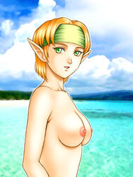 1girls bamboo_(artist) blonde_hair breasts bust elf female green_eyes headband kitamura_(bamboo) medium_breasts open_mouth paula_(suikoden) pointy_chin pointy_ears short_hair smile solo suikoden suikoden_iv topless water