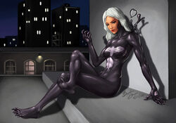 1girls 2006 black_cat_(marvel) blue_eyes felicia_hardy female female_only human marvel marvel_comics she-venom shiny sitting solo spider-man_(series) straight_hair symbiote venom_(marvel) white_hair