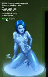 2d artificial_intelligence binary blue blue_body blue_hair blue_lips blue_pussy blue_skin breasts catthouse_studios cg code cortana cortana_v2 female female_focus female_only game game_cg halo_(game) halo_(series) hand_on_hip hologram kneeling looking_at_viewer markings microsoft naughty_face nipples nude oni_(artist) piercing pose pussy smirk solo text translucent uncensored