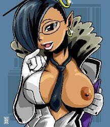 big_breasts breasts capcom dark-skinned_female dark_skin elf_ears glasses mindsedge nipples pointy_ears smiling smiling_at_viewer sprocket tie viewtiful_joe