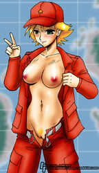 advance_wars belt blonde_hair blush breasts green_eyes hat john_joseco military military_uniform navel nintendo nipples no_bra no_panties open_clothes open_fly open_shirt pubic_hair pussy rachel_(advance_wars) shirt short_hair smile star uncensored uniform unshaved_pussy unzipped v watermark