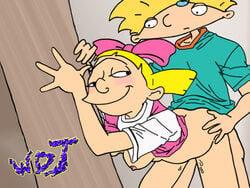 arnold_shortman black_eyes blonde_hair bottomless breasts helga_pataki hey_arnold! male_focus nickelodeon nipples smile straight_hair wdj