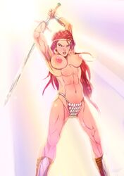 1girls abs arms_up athletic breasts circlet conan_the_barbarian_(series) female female_only inusen long_hair muscles muscular muscular_female nipples red_hair red_sonja red_sonja_(comics) solo sword toned topless weapon