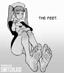 barefoot bleach blush clothed dokugamine_riruka feet foot_fetish grayscale hair monochrome soles solo switchlaid text twintails