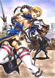 1boy 1girls black_panties blonde_hair blue_eyes breasts censored clothing defeated female fight helpless imminent_penetration imminent_rape imminent_sex kitamura kitamura_hips long_hair male medium_breasts milf monster mosaic_censoring nightmare_(soul_calibur) nipples one_eye_closed open_mouth pointless_censoring pussy rape restrained shield sophitia_alexandra soul_calibur spread_legs suspension sword tentacle thighhighs torn_panties weapon white_legwear white_thighhighs yellow_hair