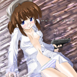 arm_support blue_panties blush dress_shirt excel_(artist) fio_germi glasses gun h&k_p9s handgun hat heckler_&_koch lying metal_slug no_bra on_back open_clothes open_shirt p9s panties pistol semiautomatic shirt snk solo striped striped_panties thigh_gap thighs trigger_discipline underwear weapon