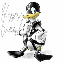 2005 anthro beak bondage bondage_gear bondage_hood chain clothing disney donald_duck duck furry happy harness jazzpirate latex male male_only mask shiny smile tagme tail zipper