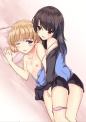 2girls aki_(girls_und_panzer) black_hair blonde_hair blue_eyes blush breasts brown_hair fingering girls_und_panzer mika_(girls_und_panzer) miyazakit multiple_girls nipples one_eye_closed open_clothes open_mouth open_shirt panties pink_panties school_uniform sex shirt skirt small_breasts smile underwear yuri