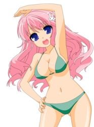 absurdres areolae artist_request baka_to_test_to_shoukanjuu bare_midriff blue_eyes breasts busty cleavage female hair_ornament hairclip highres himeji_mizuki hips legs long_hair looking_at_viewer mound_of_venus navel open_mouth photoshop pink_hair solo standing thighs tongue transparent_background vector_trace