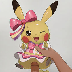 animal_genitalia blush bow clothed_sex cosplay_pikachu double_v dress female hair_ribbon happy human looking_at_viewer male mammal nintendo no_panties one_eye_closed open_mouth peace_sign penis pikachu pikachu_pop_star pokemon prodding pussy ribbon sex shoes size_difference smile solo_focus spread_legs spreading straight sweat v vaginal_penetration wink winking winking_at_viewer youjomodoki