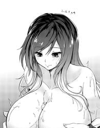 bare_shoulders blush breast_squeeze breasts collarbone dated ejaculation_between_breasts female gradient_hair greyscale highres hijiri_byakuren huge_breasts long_hair looking_down monochrome multicolored_hair otogi_(s_in_w) paizuri sidelocks smile solo sweat touhou upper_body