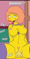 ahe_gao big_breasts big_thighs croc_(artist) female human male maude_flanders motion_blur motion_lines on_bed open_mouth orange_hair partial_male pubes pubic_hair purple_bra purple_stockings sex stocking straight tagme talking the_simpsons thighhighs thighs wet_pussy yellow_body yellow_skin