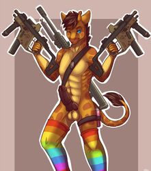 1boy abs anthro balls brown_penis clothing erection facial_piercing giraffe gun kellwolfik knot legwear lip_piercing looking_at_viewer male male_only mammal mostly_nude navel one_eye_closed penis piercing ranged_weapon rifle simple_background smile snakebite_piercing sniper_rifle socks solo standing striped striped_legwear striped_socks stripes weapon