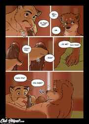 anthro canine chris_(meesh) comic cougar detailed_background dialogue duo english_text eyewear feline fellatio fur glasses john_(meesh) licking little_buddy male male_only mammal meesh muscular nude oral sex speech_bubble tagme text tongue tongue_out